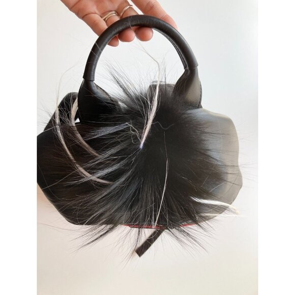 NWD FENDI Red Nylon Satin Black Leather Fox Fur Mohawk Monster Face Backpack - Picture 8 of 11